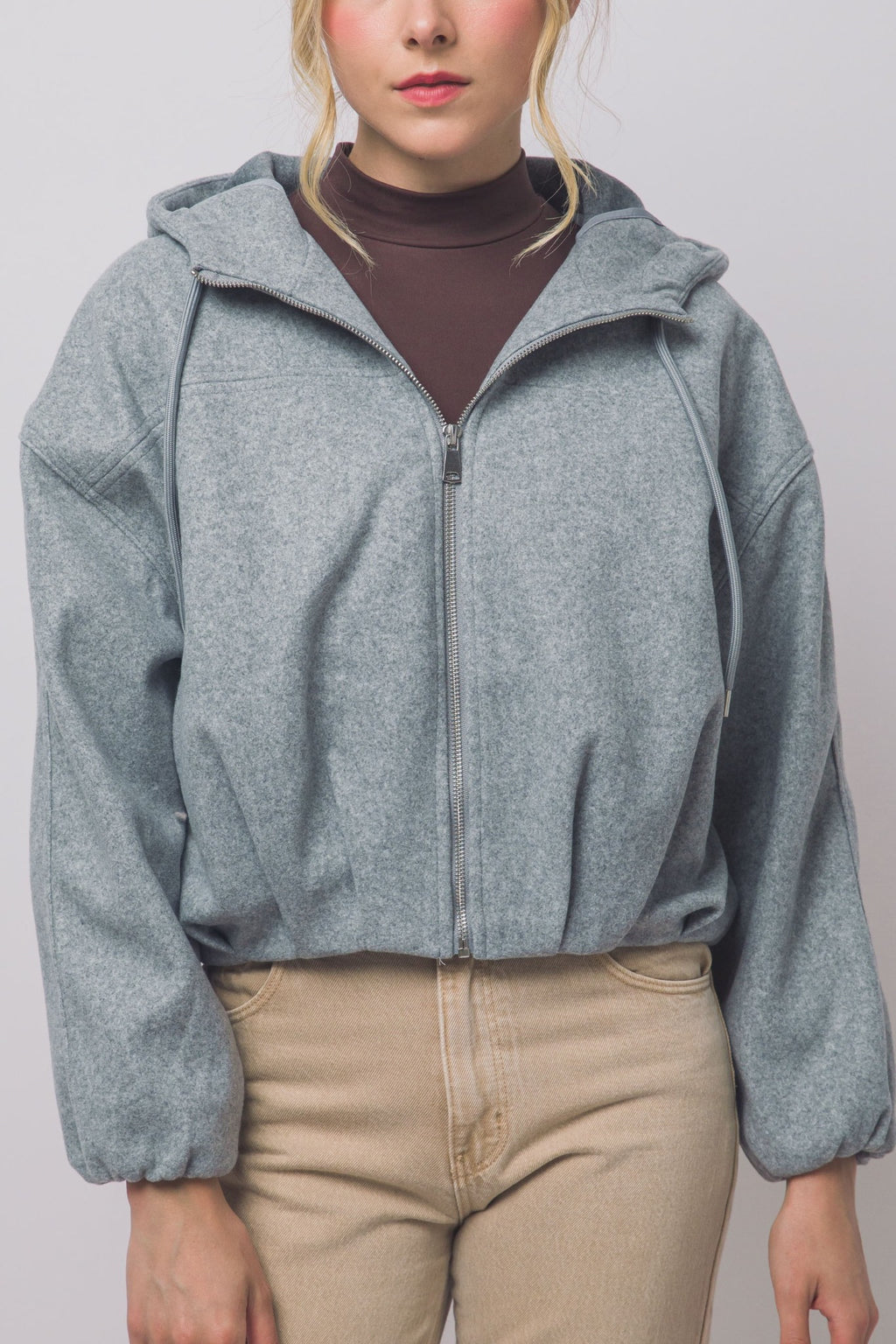 Women's light grey boiled hooded bomber jacket, front view