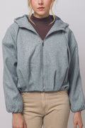 Women's light grey boiled hooded bomber jacket, front view