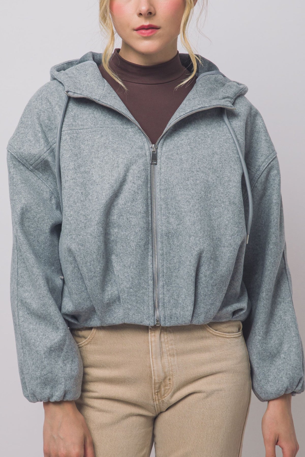 Women's light grey boiled hooded bomber jacket, front view