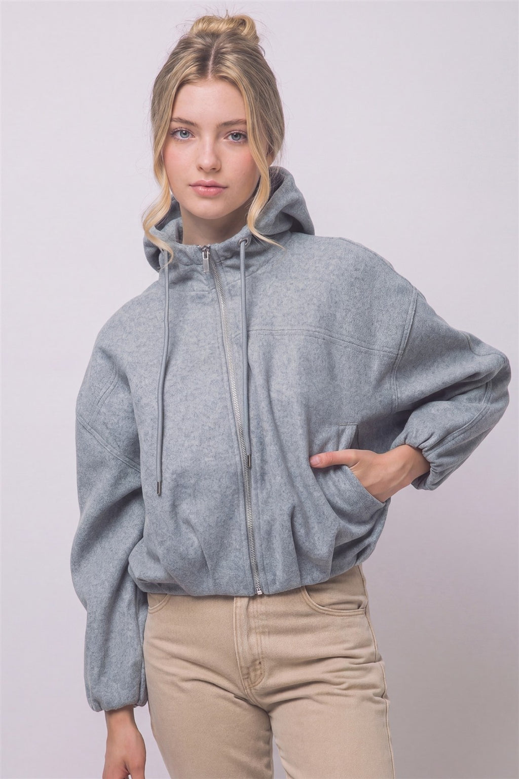 Women's light grey boiled hooded bomber jacket, full-length view
