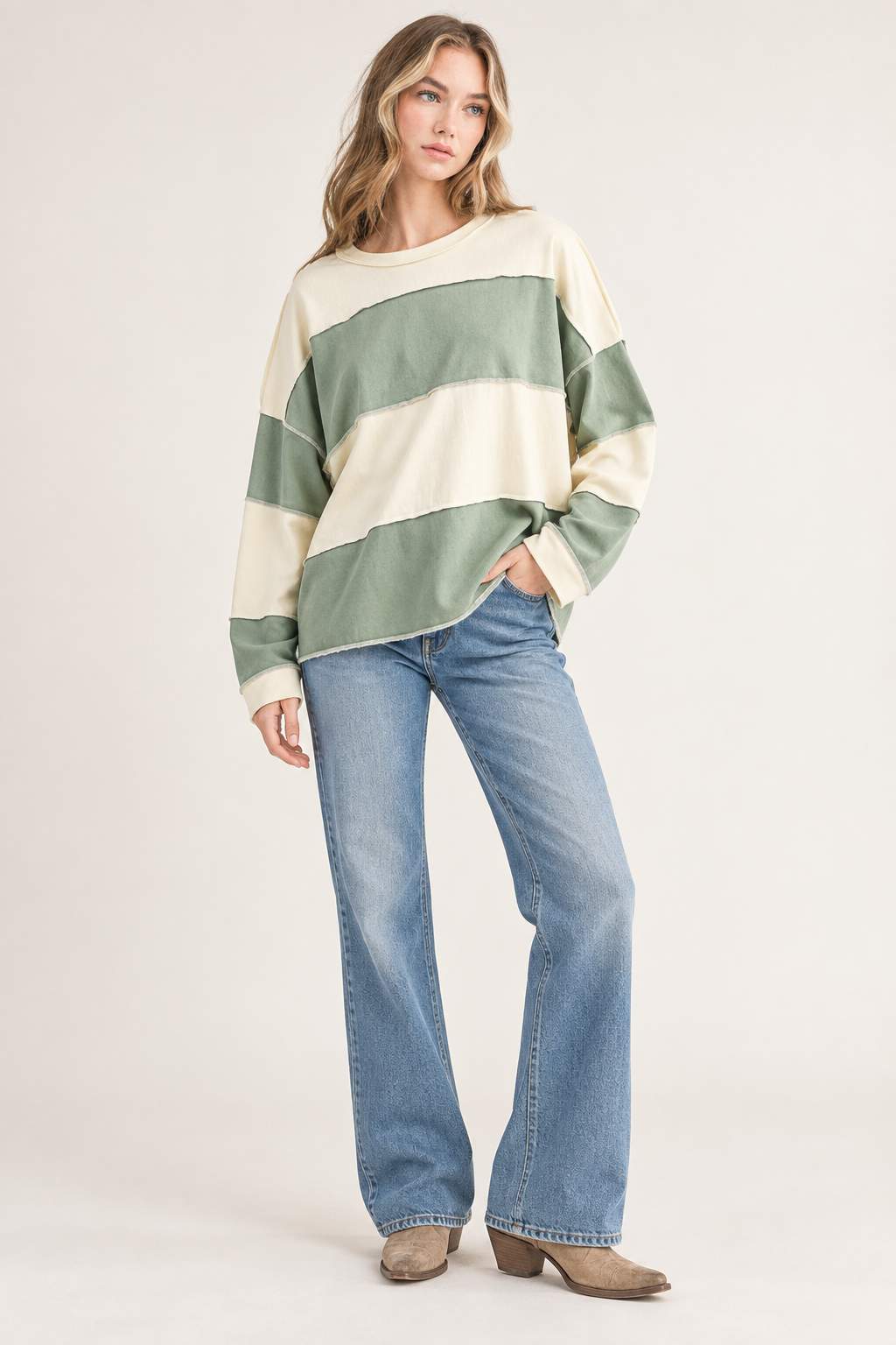 Butter Green oversized color block pullover catalog view