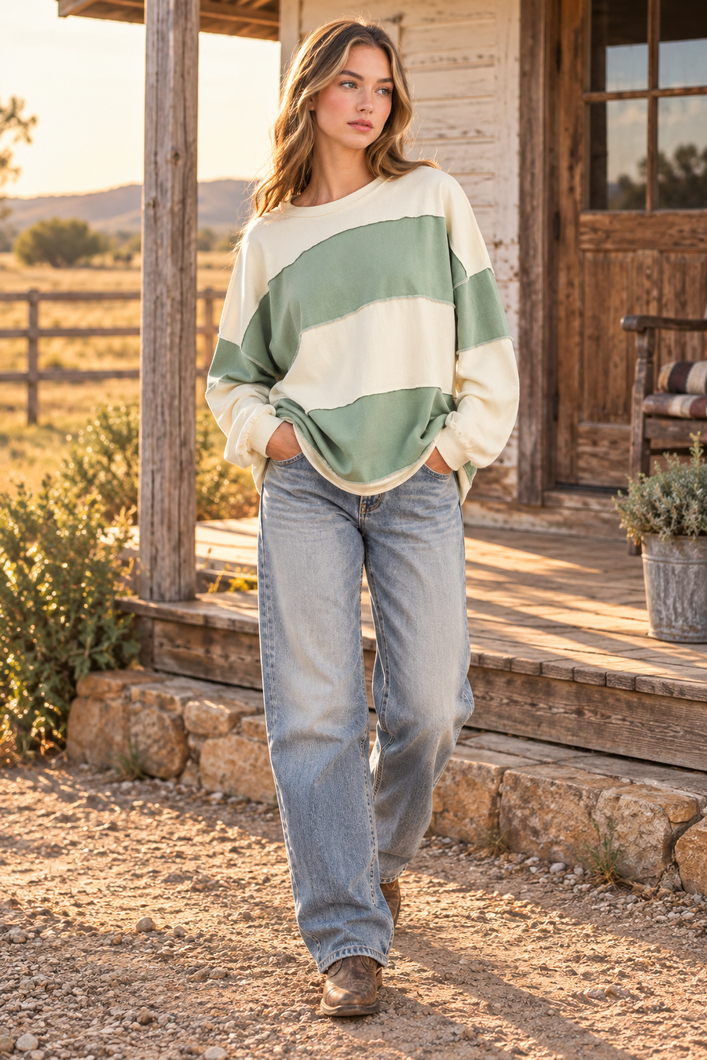 Butter Green oversized color block pullover Western lifestyle