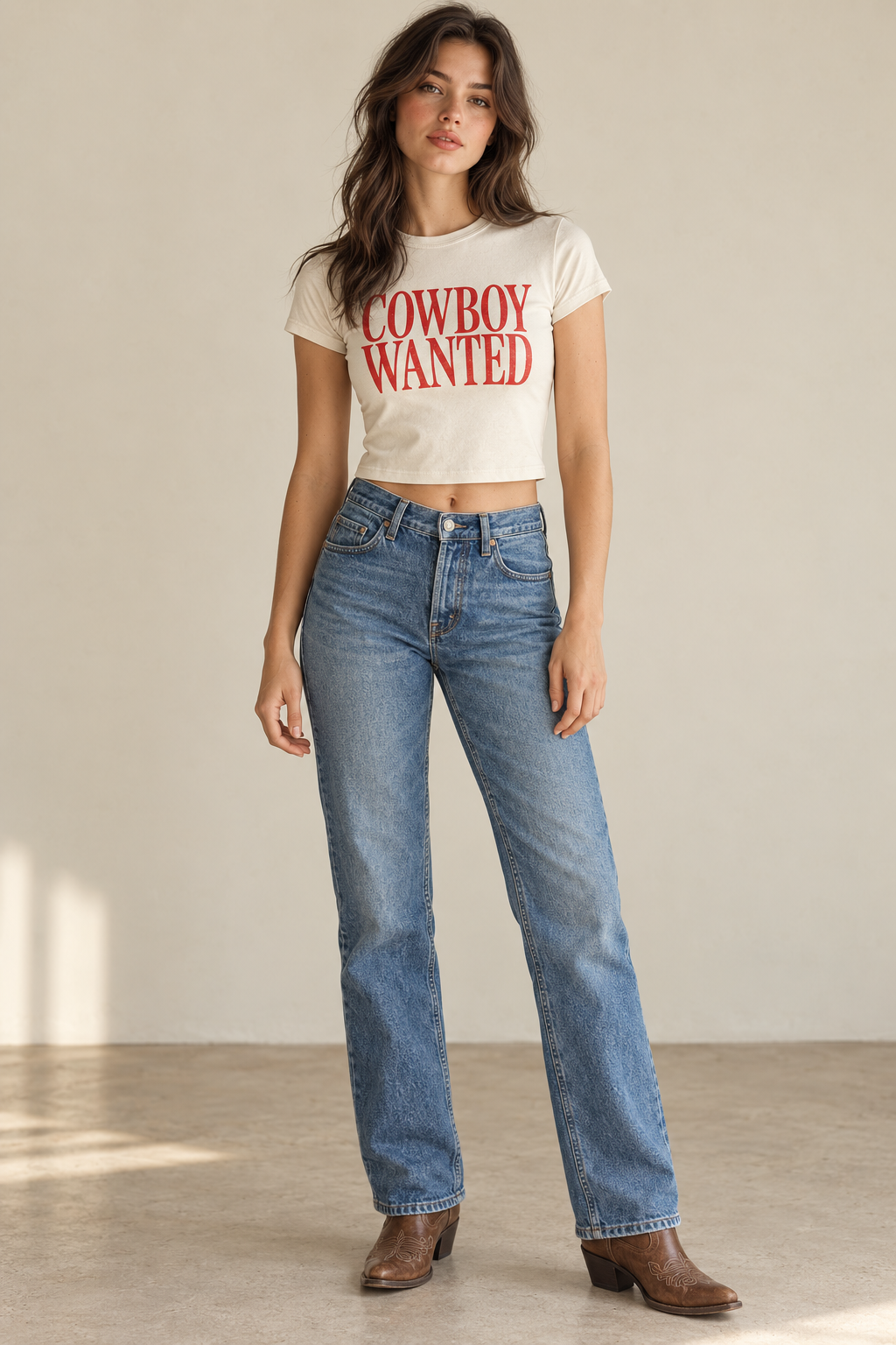 Woman wearing the Cowboy Wanted baby micro tee in Natural