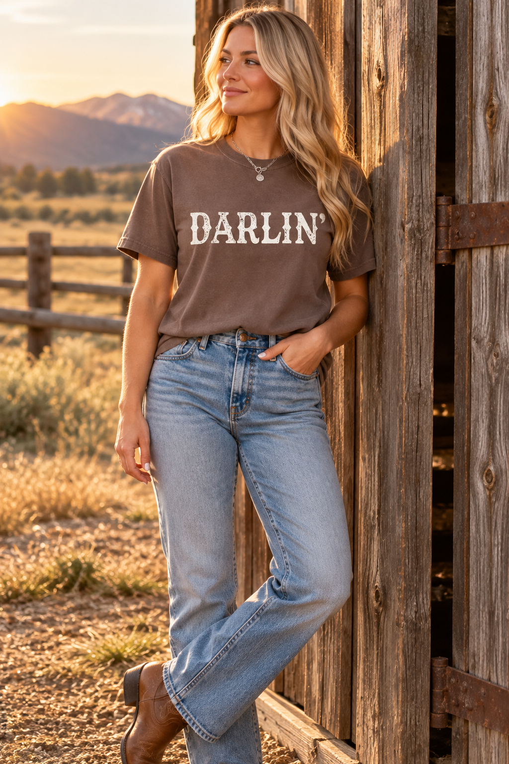 Darlin' Espresso graphic tee styled in a Western lifestyle setting
