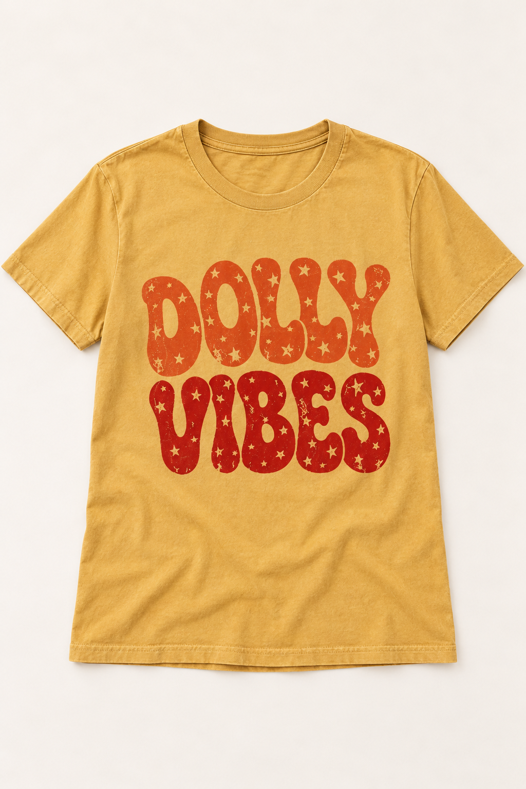 Dolly Vibes retro country graphic tee in mustard, flat lay