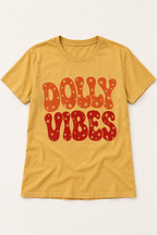 Dolly Vibes retro country graphic tee in mustard, flat lay