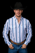The Tristan Long Sleeve Pearl Snap Shirt in Blue - Blue