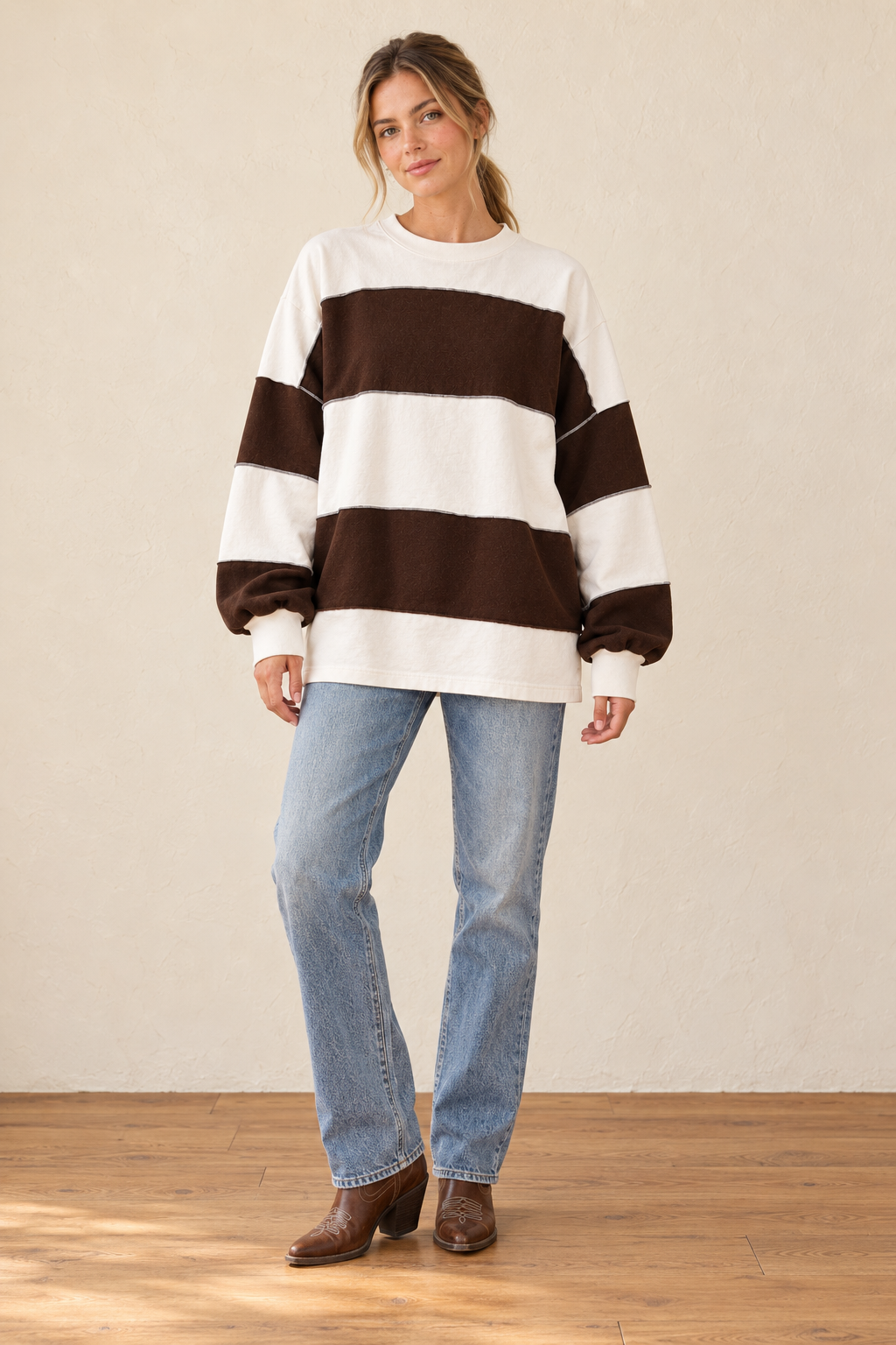 White Brownie Oversized Color Block Pullover full-body styling