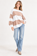 White Mocha oversized color block pullover catalog view with fitted cuffs