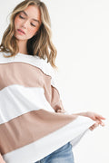 White Mocha oversized color block pullover on model