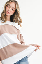 White Mocha oversized color block pullover on model