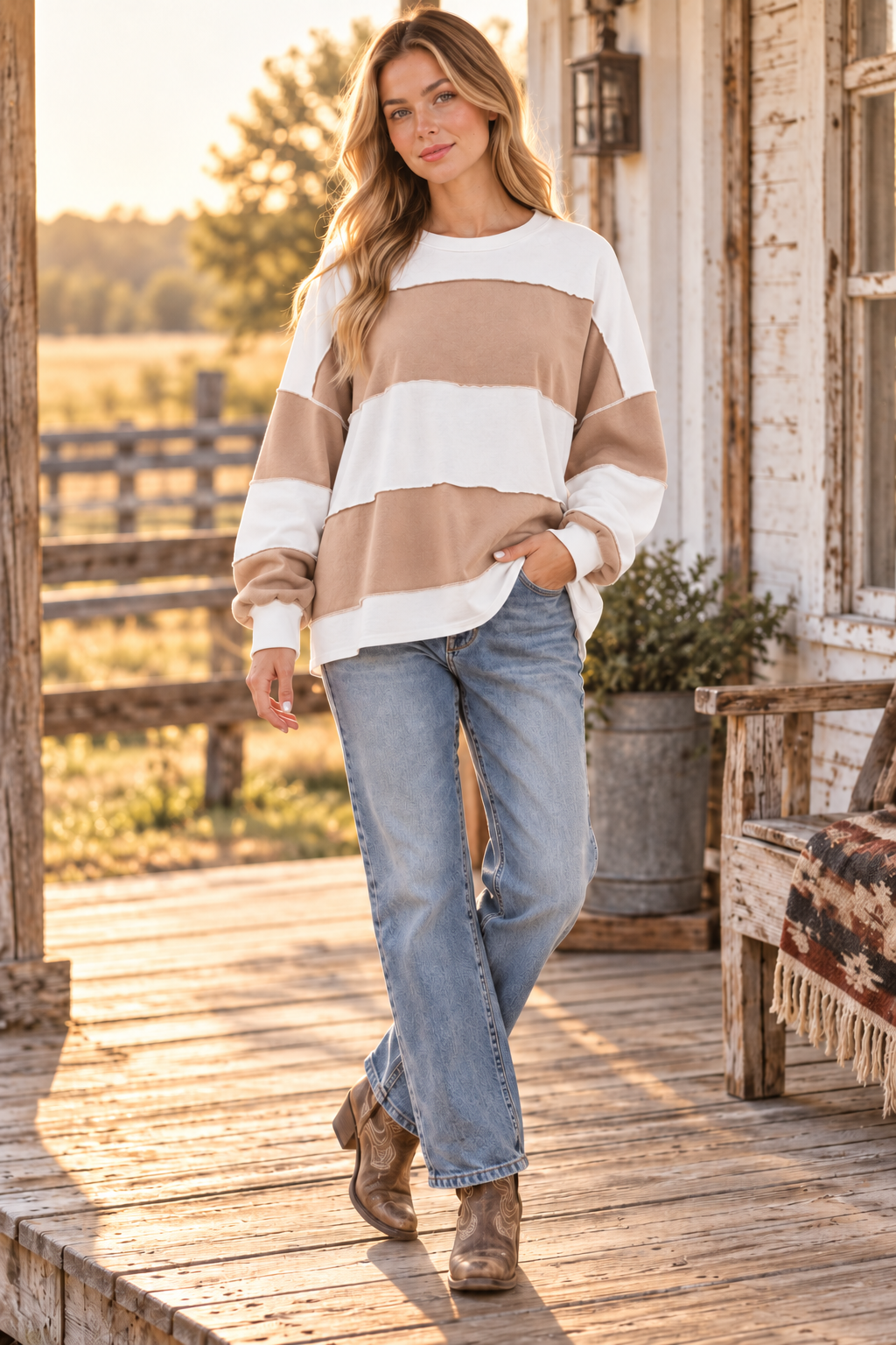 White Mocha oversized color block pullover Western lifestyle with fitted cuffs