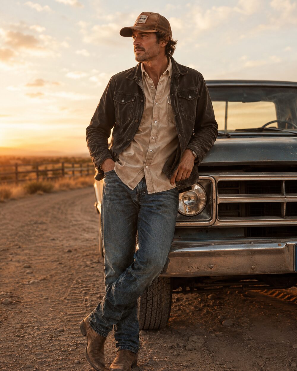 Man in waxed jacket and western shirt at dusk