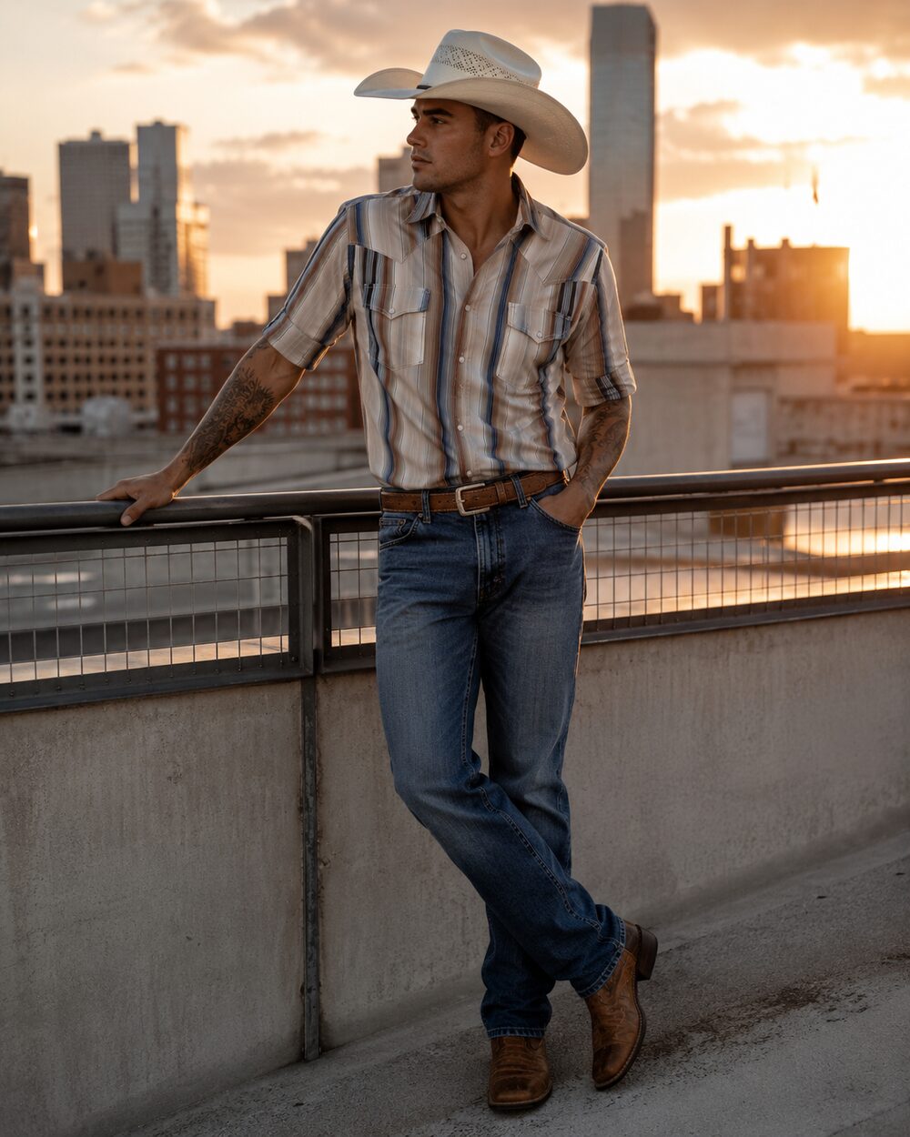 Man in western shirt and hat against a city skyline at sunset
